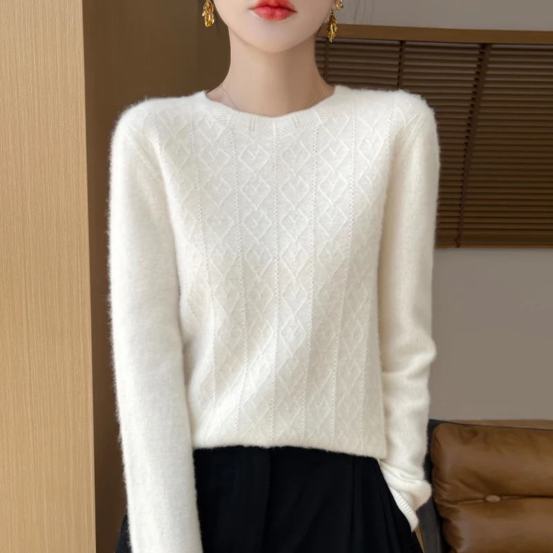 DjzDsm 100% Pure Wool Women\'s Sweater O-Neck Knitted Pullover Cashmere Long Sleeve Underlay Korean Fit Fashion Women\'s Top