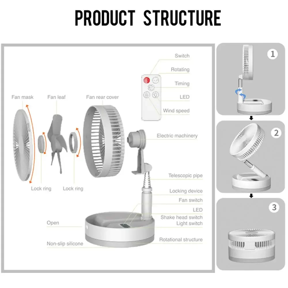 10800mAh Folding Portable Fan USB Remote Control Air Cooler Silent Rechargeable Wireless Floor Standing Fan for Camping Desk