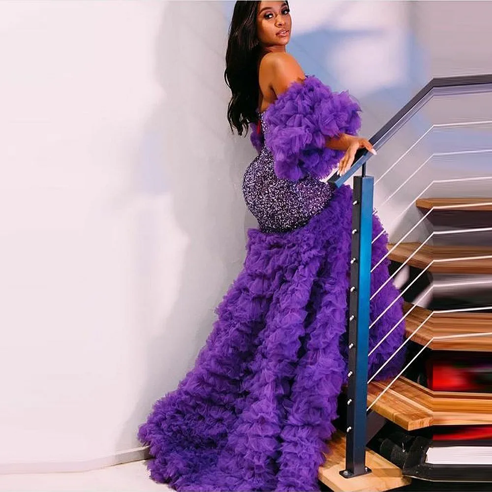 Purple Aso Ebi Evening Dresses Off The Shoulder Puffy Sleeves Tiered Ruffles Plus Size Prom Dress Special Occasion Party Gowns