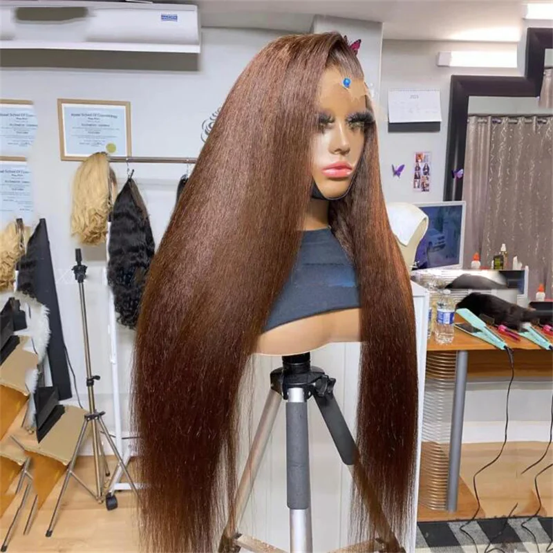 Long Glueless Kinky Straight Lace Front peruca para mulheres, pré-arrancadas peruca diária, cabelo macio do bebê, Yaki, marrom escuro, 200 densidade, 26"