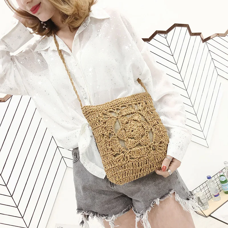 Woven Summer Beach Bag Bohemia Small Straw Bag Handmade Flower Women Shoulder Bags Female Hollow Messenger Crossbody Bags