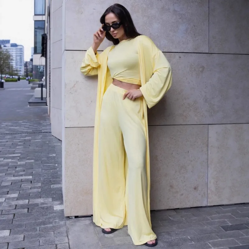Autumn New Solid Color Knitted Loungewear Set Women 3 Piece Outfit Long Sleeved Tops Trousers Robes Pajama set Casual Outerwear