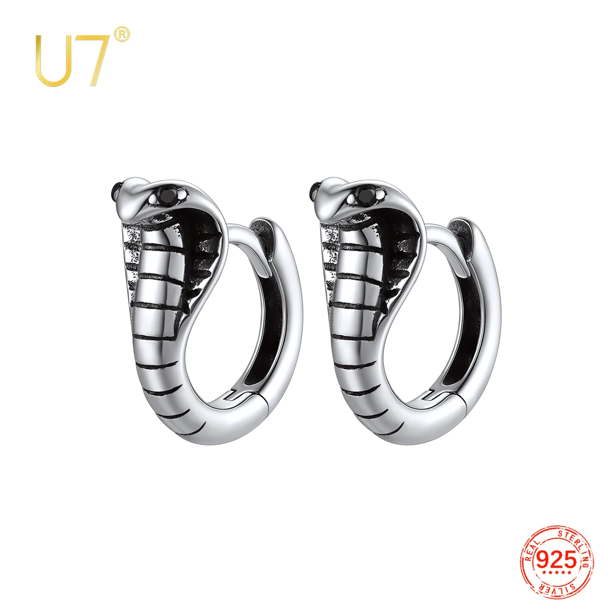 

U7 925 Silver 3D Cute Snake Cobra Hoop Earring Black CZ Eyes Diameter 8mm Huggie Antique Silver Animal Gothic Unisex Jewelry