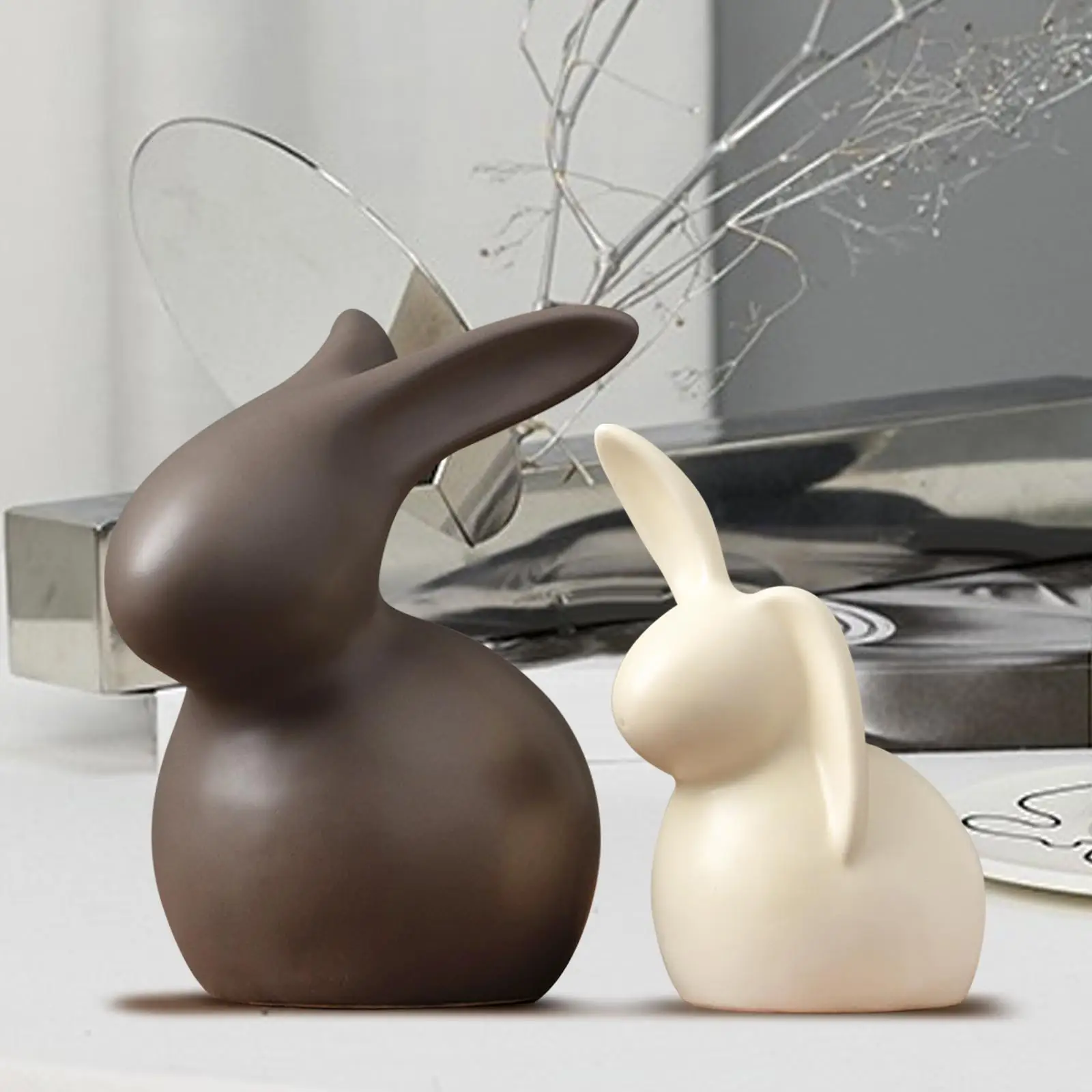 2 Pieces Ceramic Rabbit Statue Set Easter Decorations Bunny Decor for Entrance Decoration Shelf Ornament Cabinet Living Room