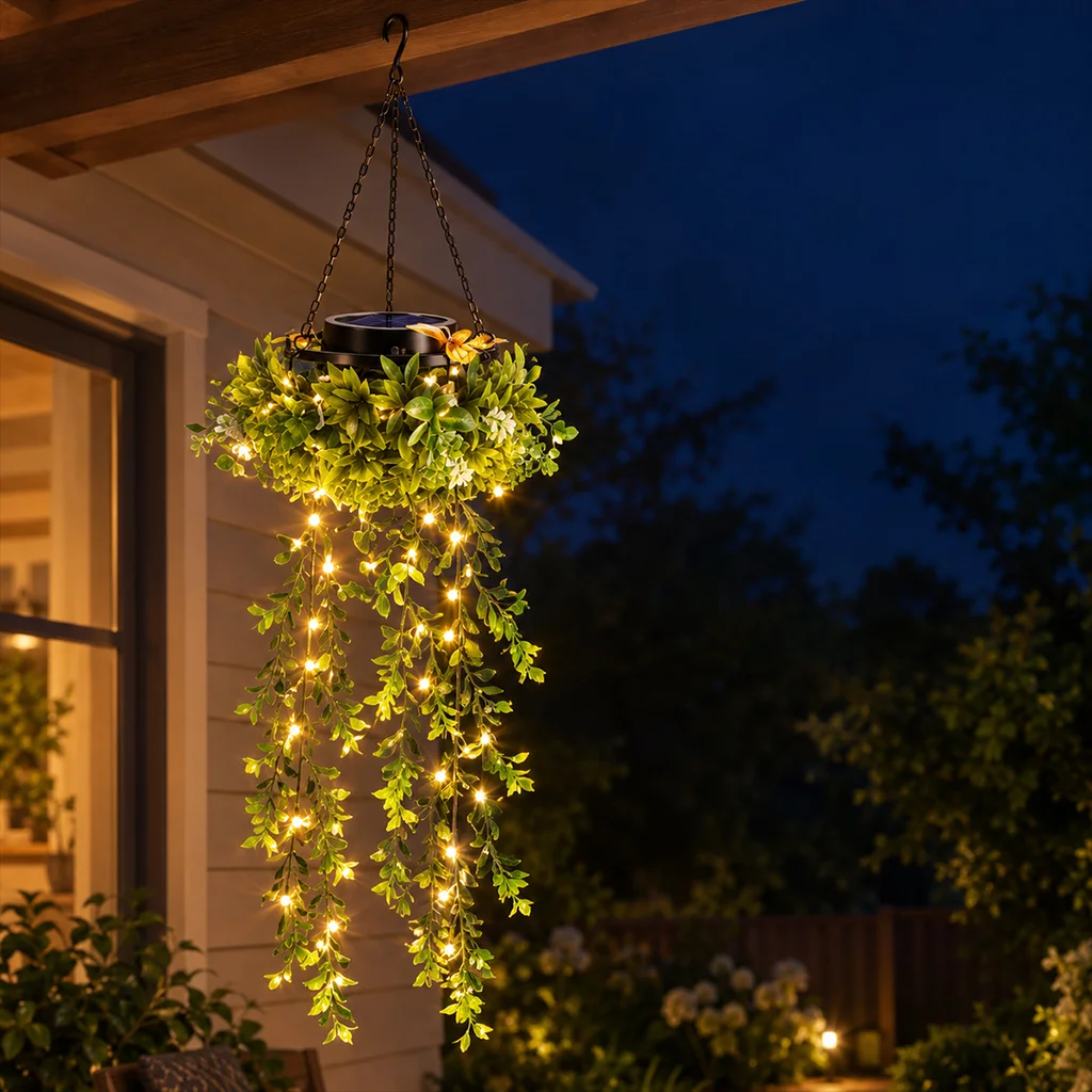 Solar Hanging Garden Light 40 Cm Artificial Plant Branches Automatic Lighting IP65 Waterproof Outdoor Wall Decoration LED Green