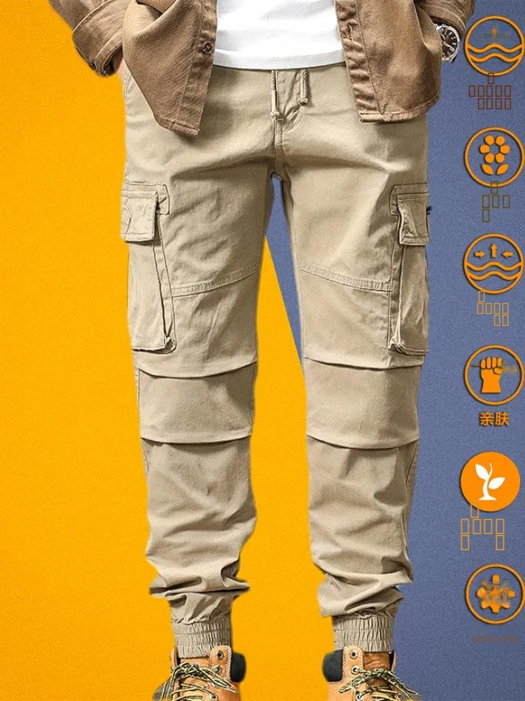 

Elastic Pure Cotton Slim Fit Straight Leg Men's Casual Pants Cuffed Multi-ket Workwear Khaki Trendy Long Trousers