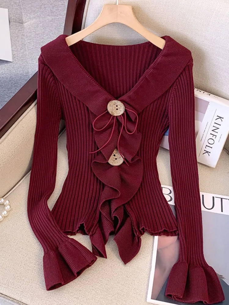 

Осень 2023, новый дизайн с рюшами, женский осенний топ, новый уникальный облегающий пояс, элегантный вязаный пуловер с отделкой