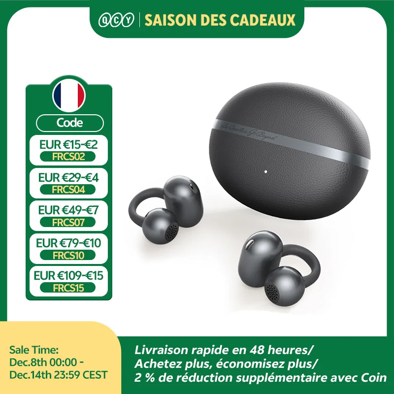 QCY Crossky C50 �couteurs sans fil Bluetooth 6.0 � oreille ouverte, confortables, � clipser, 4 micros, appels clairs, amplification des basses, 35 heures d'autonomie pour le sport et la course � pied