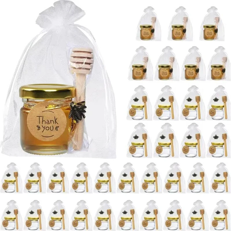 

10/20PCS 1.5oz Mini Glass Honey Jars with Wood Dipper Small Glass Favor Jars with Lids,Bee Pendant,Gift Bag,Gold Twist Tie,Tag