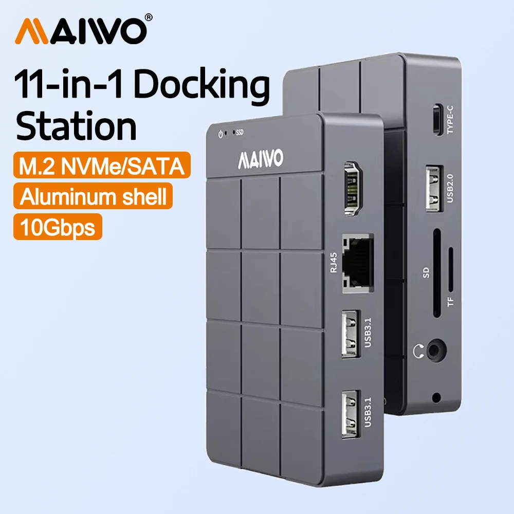 

Док-станция MAIWO 11-в-1, корпус для SSD M.2 NVME SATA, USB-хаб 10 Гбит/с с кардридером SD/TF, HDMI 4K@60Гц, магнитный алюминиевый корпус