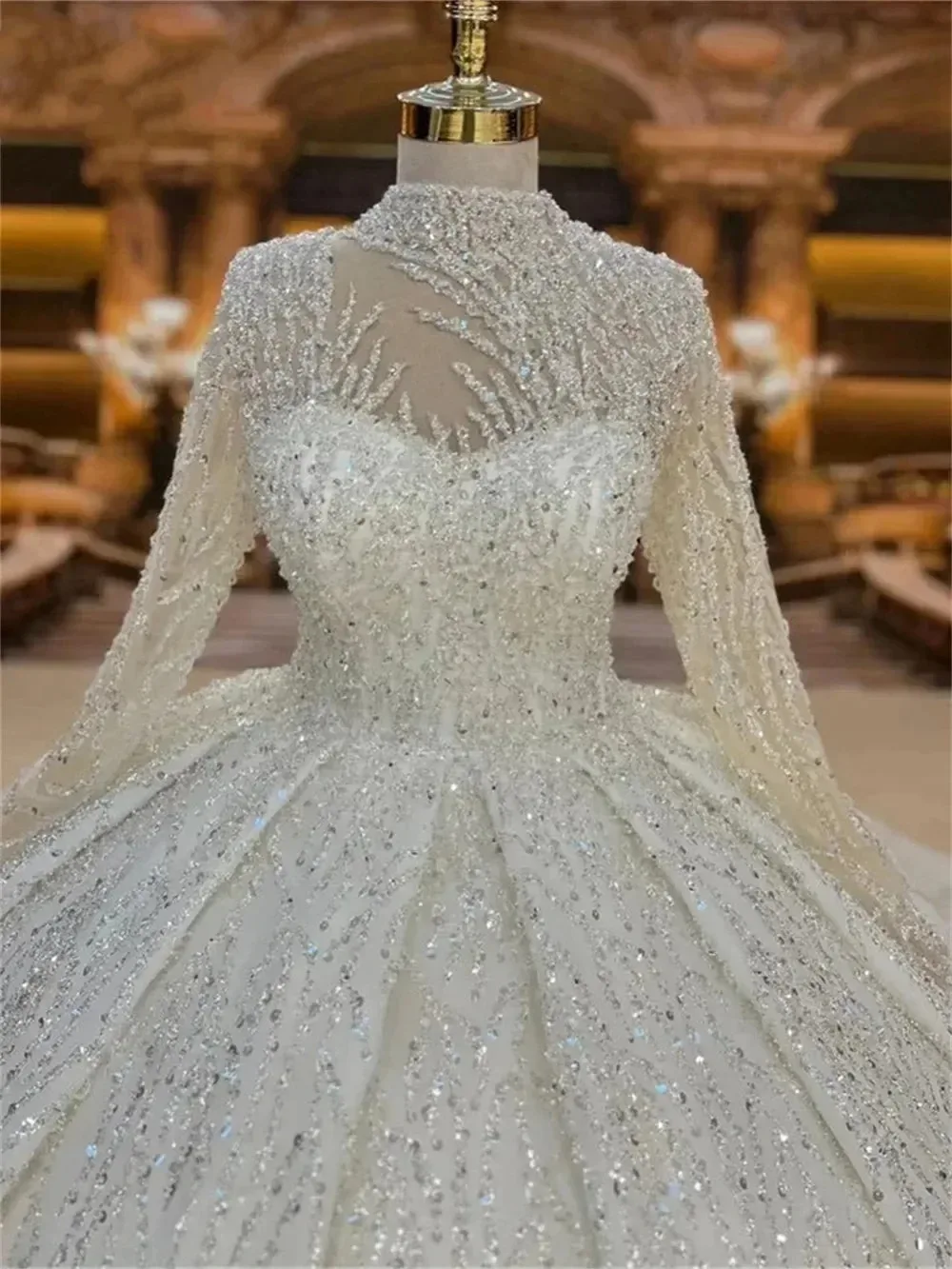 Charming Beaded Sparkling Ball Dress Wedding Dress High Collar Beaded Long Sleeve Bridal Dress Arab Bridal Dress Customized