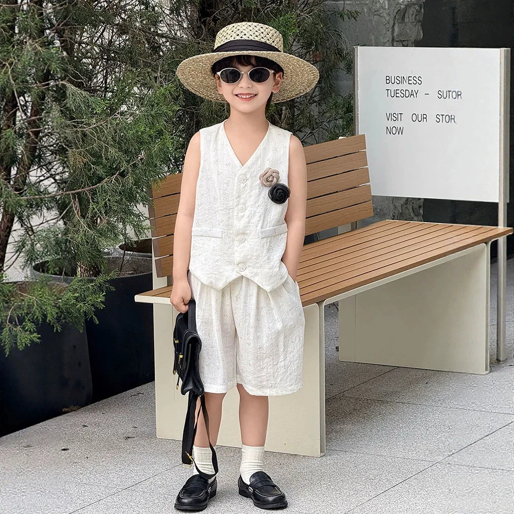 Boys 2Pcs Vest Shorts Set Floral Embroidery Gentleman Outfit for Kids Wedding Birthday Party Daily Holiday Performance Costume