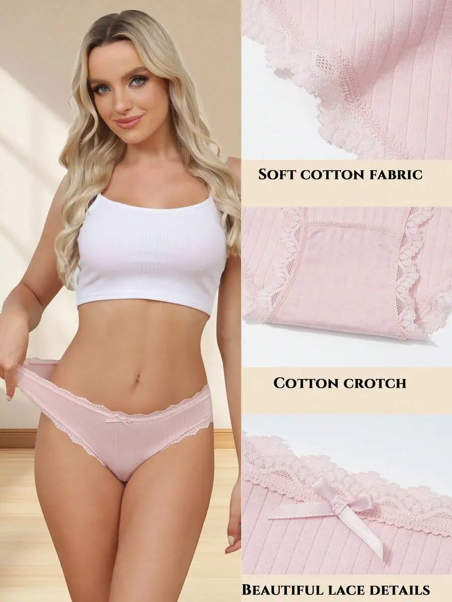 

6 Pack Women Cotton Briefs Bikini Underwear Soft Low Waist Panties With Lace Bow Detail S-XXL