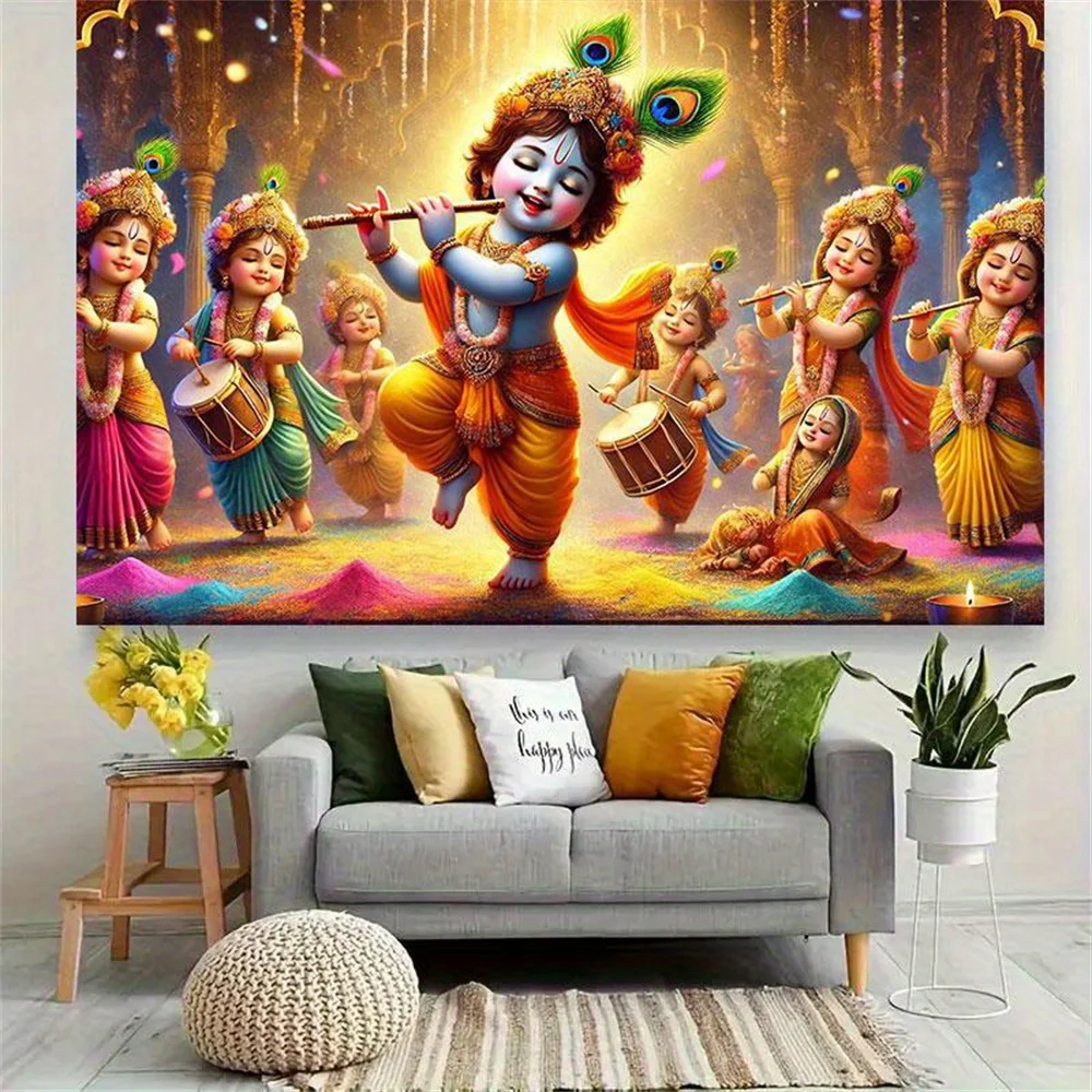 Little Krishna Wandteppich, Hindu-Gott, Leinwandkunst, Wandbehang, Festival-Dekoration, Yoga, Meditationsraum, Kinderzimmer, spirituelles Geschenk