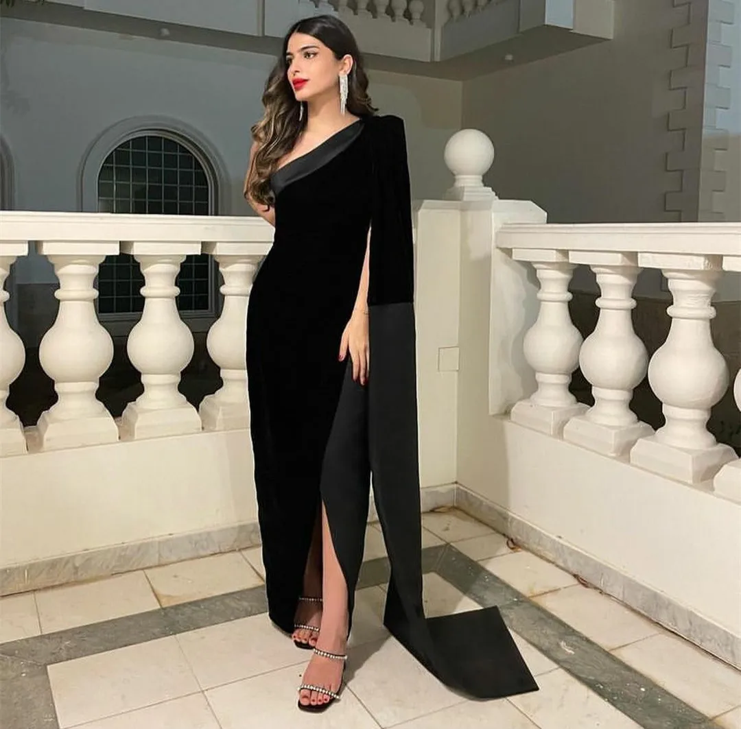 

Elegant Soft Satin Evening Formal Dresses Sheath One Shoulder Side Slit Black Prom Party Gowns Abendkleider Robes De Soirée