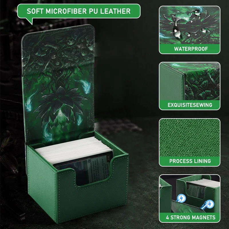 Card Deck Box for Lotus Pattern Print Cards with Display Window, Hold 100+ Double-Sleeved Cards, PU Leather, Fits CCG/TCG Cards