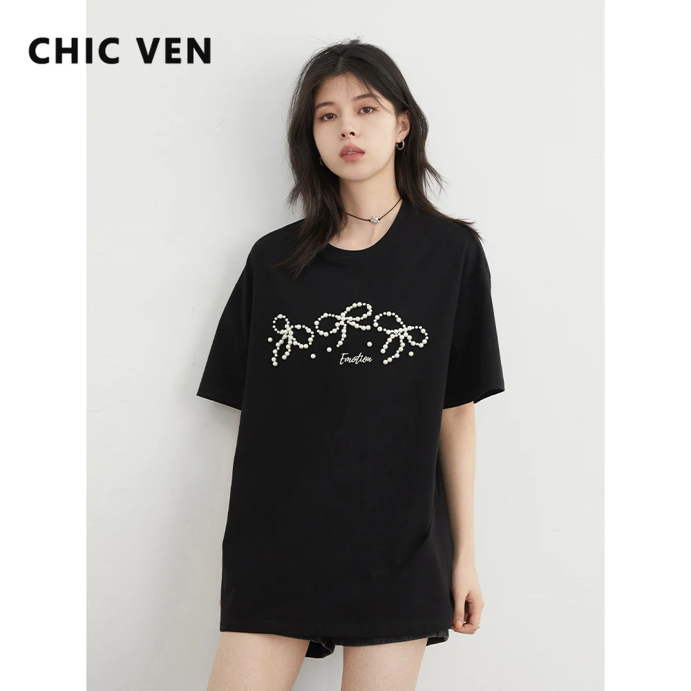 

CHIC VEN Women T-Shirts Casual O-neck New Original Pearl Bow Nail Beading Short Sleeve Tees Cool Female Tops Summer New 2025