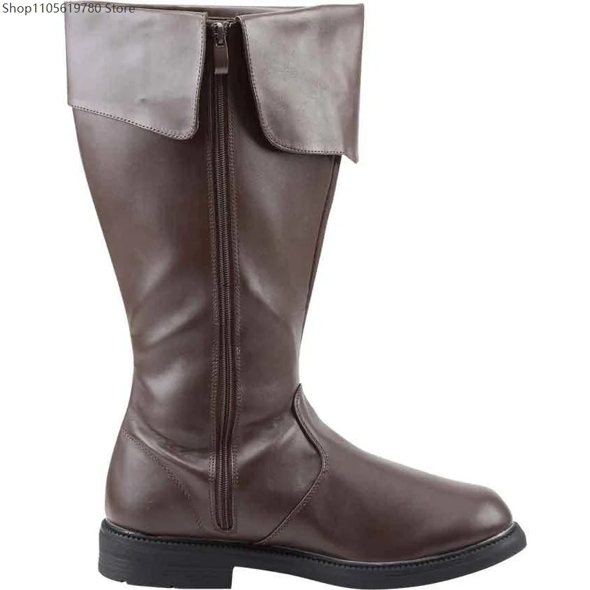 Men Medieval Footwear Vintage Renaissance Knee High Viking Boots Brown Faux Leather Side Zipper Halloween Party Performance