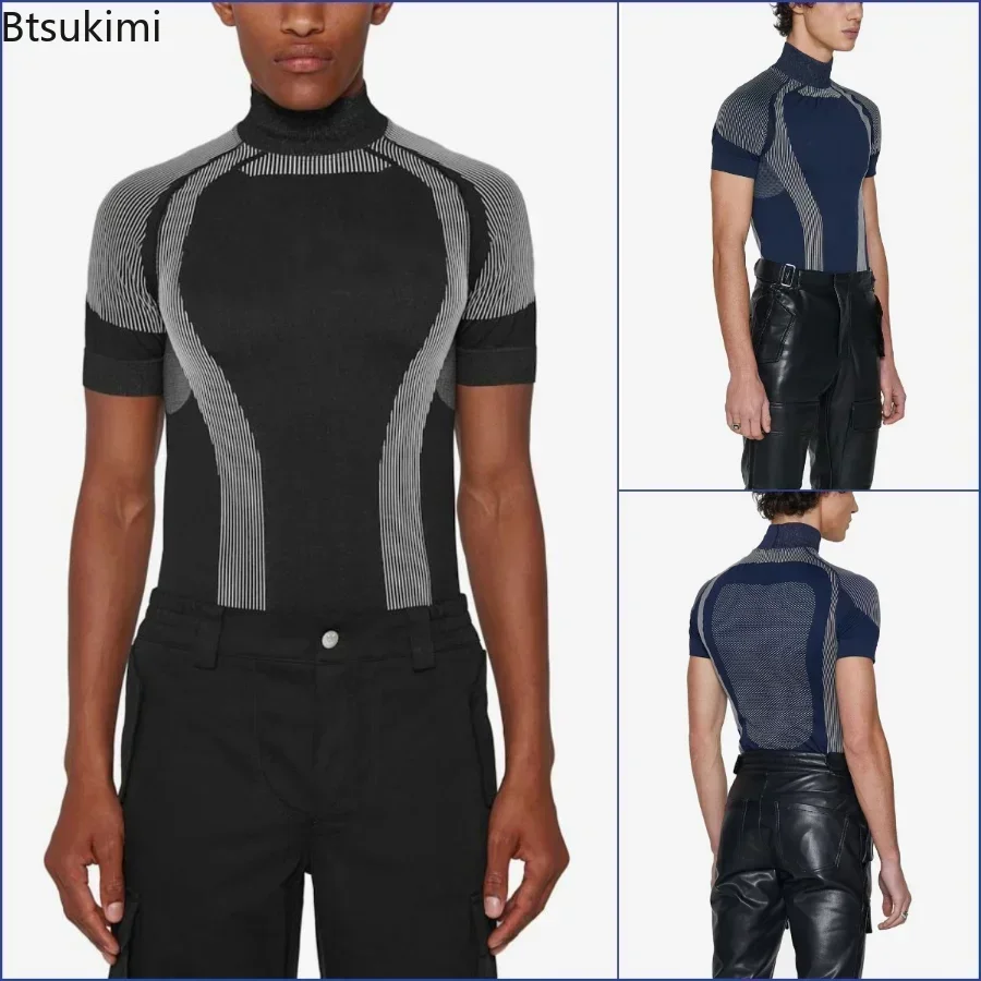 New 2026 Fashion Men\'s Long Sleeve Tight Tee Streetwear Basic Tops Clothes Man Stand Collar Slim Patchwork Pullover Clothes Male