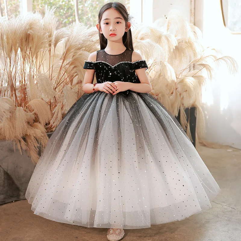 

Kids Dresses For Party Wedding Dress One-shoulder starry sky pearl Children Pageant Gown Girls PrincessTulle Dress Girl clothes