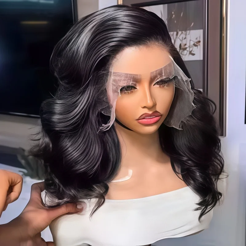 18 Inch Brazilian Short Body Wave Bob Human Hair Wigs 250 Density Pre Plucked Natural Hairline 13x4 HD Transparent Lace Frontal Wigs Soft Real Human Hair Lace Front Bob Wigs For Women Daily Makeup Party Styling