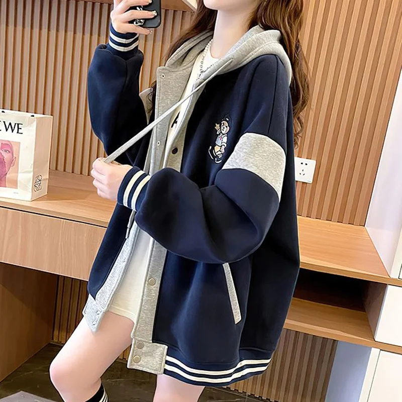 2023 New Pocket Hooded Sweatshirts Loose Femme Buttons Long Sleeve Coat Streetwear Women\'s Clothing Casual Preppy Style Jackets