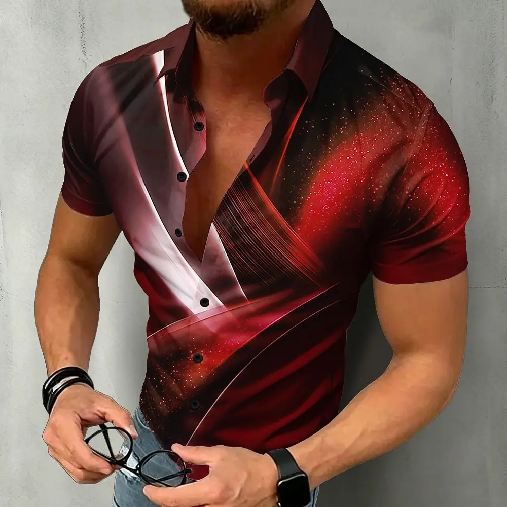Men Gradient Glitter Abstract Line Short Sleeve Shirts Lapel Button Down Summer Beach Casual Fashion Holiday Vacation Blouse