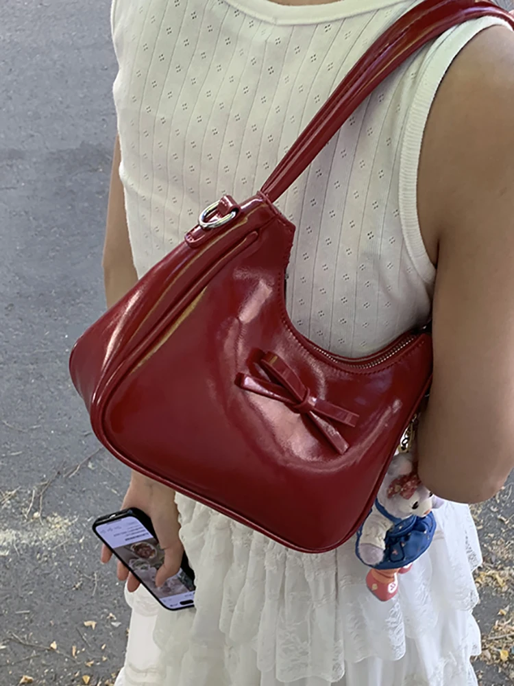 Summer Sweet Bow Underarm Bags For Women Fashion Red Handheld Small Square Pack Versatile Female One Shoulder Crossbody Bag