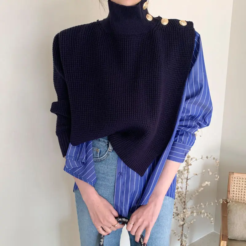 Fashionable Casual Outerwear American Niche Design Sense High Neck Chic Striped Fake Two-piece Shirt Sweater Shawl for Women