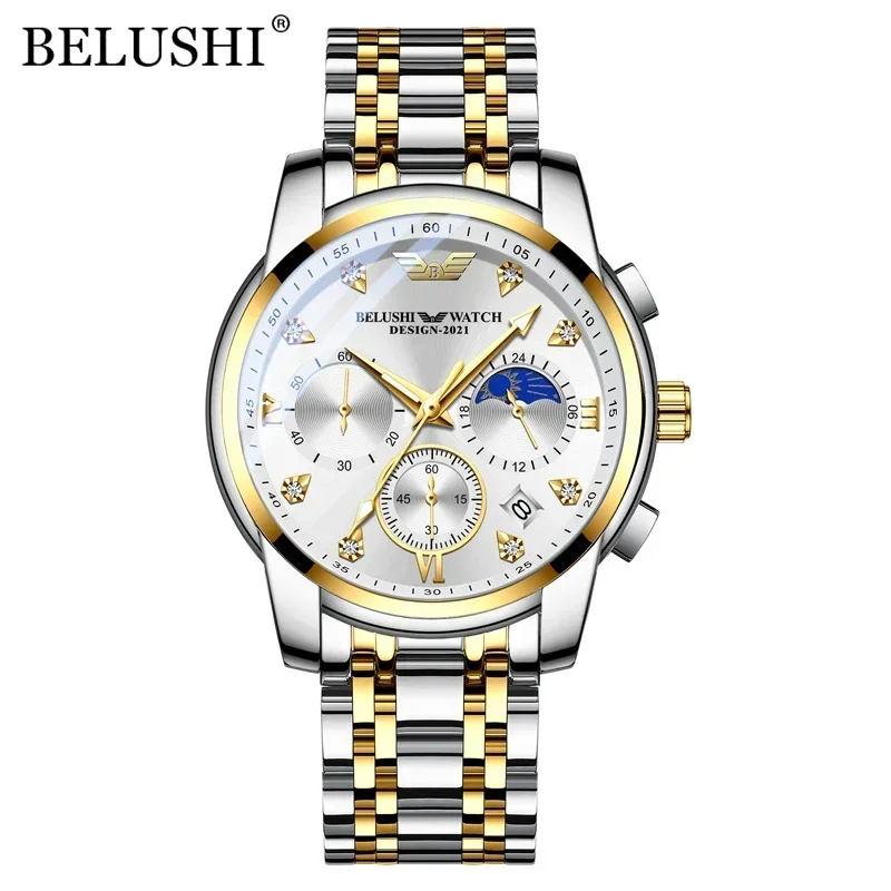 

BELUSHI Men Watches Luxury Fashion Chronograph Clock Sports Quartz Men Watch Full Steel Waterproof Luminous Brand Wristwatch