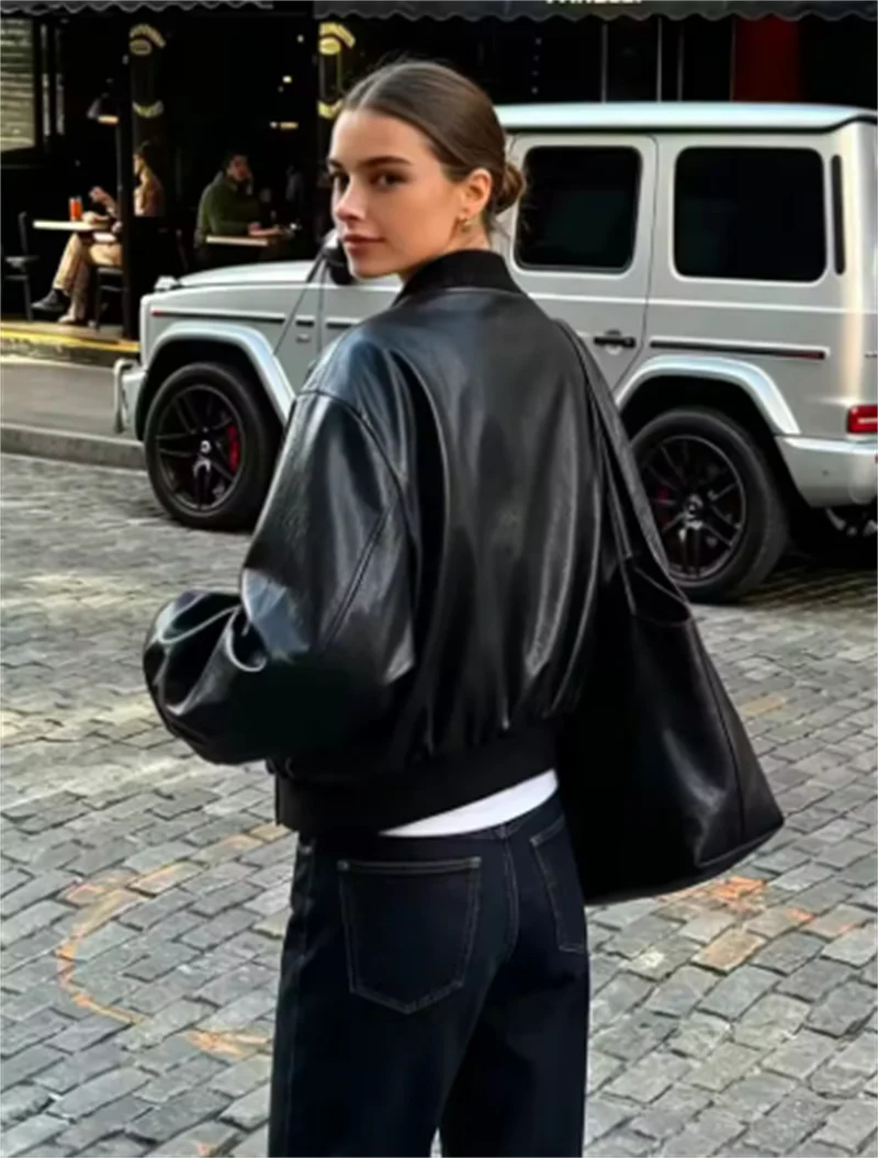 Guobioziy Women's Top 2026 Spring and Autumn New Fashion Versatile Shoulder-Padded Faux Leather Effect Solid Color Pilot Jacket