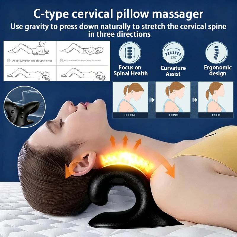 New C-type Pillow Neck Massage Corrector for Shoulder and Neck Pain, Curved Fortune Package Pillow Neck Protection Traction Tool