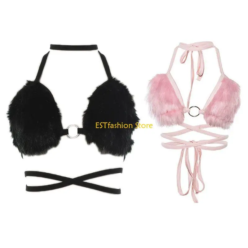 Y5GC Phụ nữ gợi cảm Halter Lace-Up Bra V-cổ Plush crop Crop Top Rave Bralette