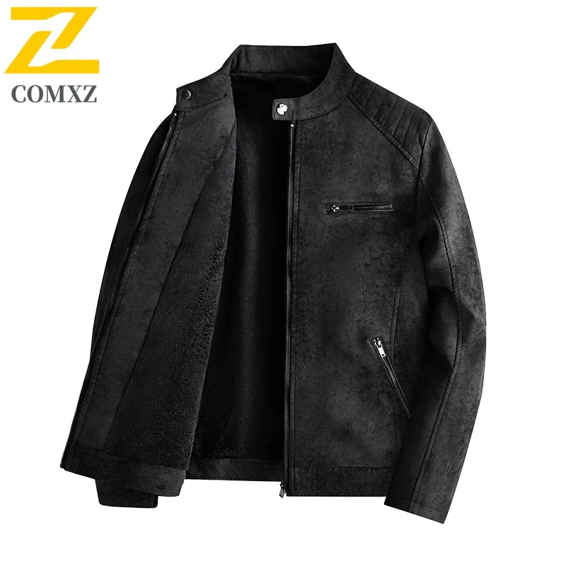 

COMXZ Men's Leather Jacket American High-end Trench Coat Loose and Casual Motorcyclic-style Stand-up Collar Trendy Jacket