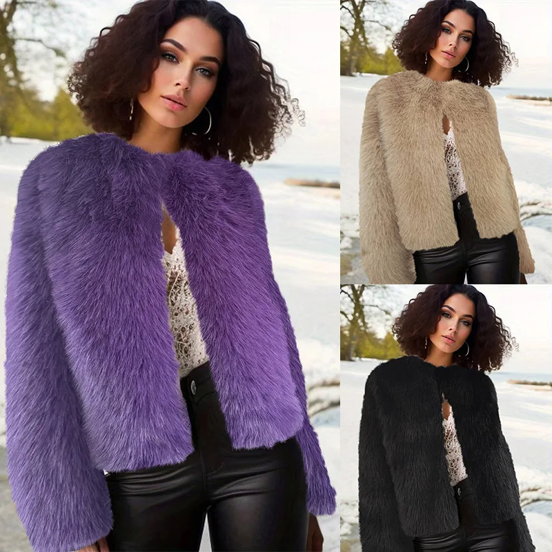 

Autumn Winter New Faux Fur Coat Fluffy O-neck Women Short Fur Jacket Furry Warm Luxury High-end Design Outerwear Long Sleeve