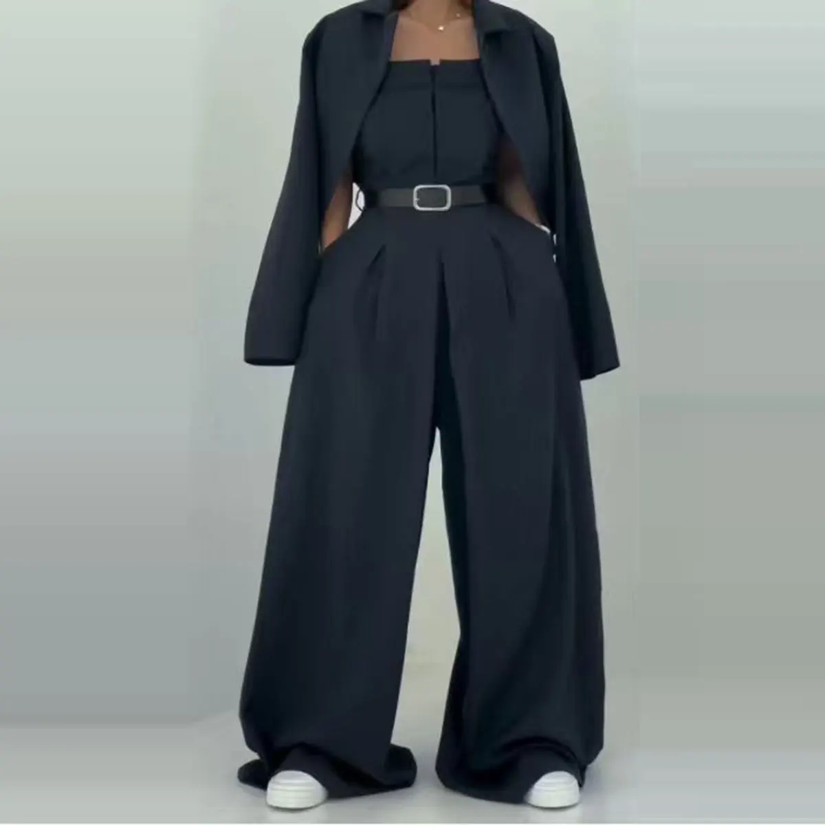 

Elegant Triped Jumpsuit And Coats Two Piece Sets Women Fashion Wide Leg Tighten The Waist Jumpsuits Casual Office Suit