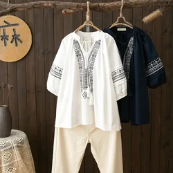 Vintage Ethnic Style Women's Shirts 3/4 Sleeves V Neck White Navy Blue Embroider Shirts and Blouses Large Size Tops