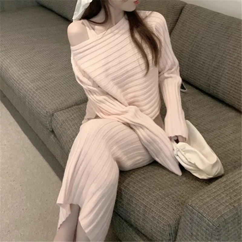 2024 Winter New Slimming Elegant Fashionable Autumn Collection 2-piece Set Women's Knit Sweater Tank Dress Coat E2609