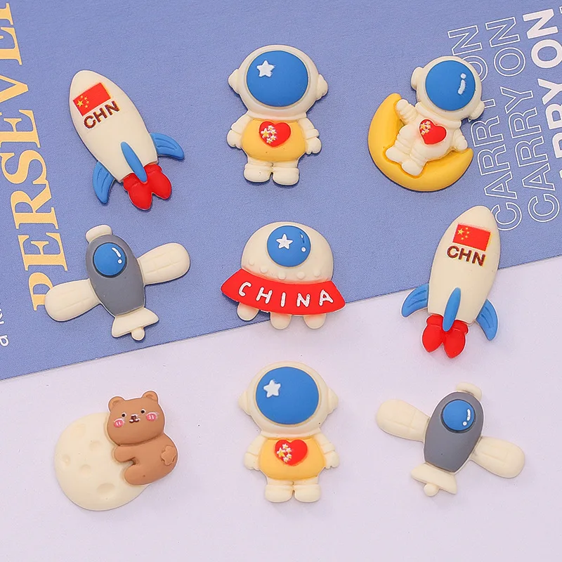 Cute Blue Spaceman Resin Cabochons Flatback 20pcs Kawaii Spaceship Spacecraft Astronaut Flat Back Embellishment for Scrapbooking