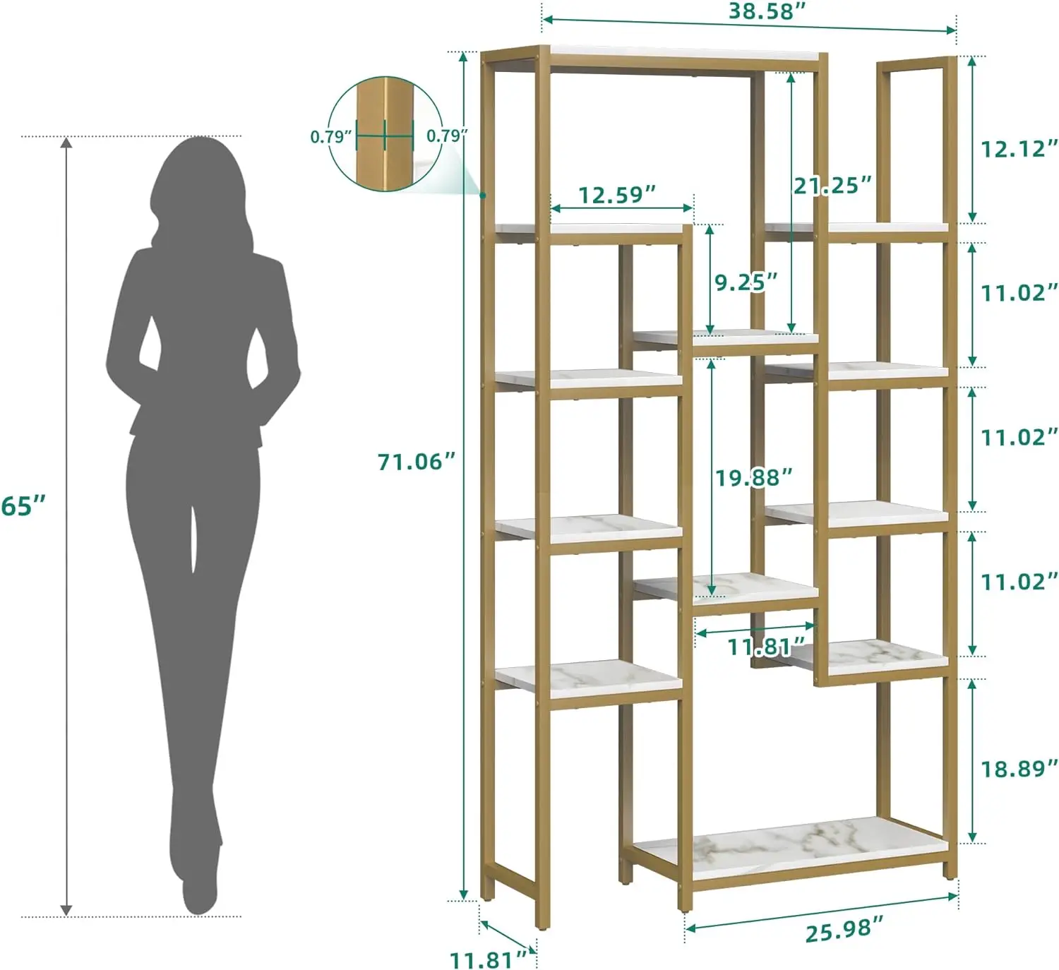 6 Tier Gold Bookshelf, 71” Tall Modern Free Standing Bookshelf with 12 Shelf Bookcase, Faux Marble Display Storage Book Shelves