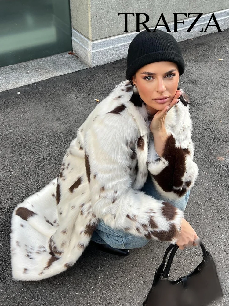 TRAFZA Frau Warme Dicke Casual Animal Print Faux Pelz Lange Mäntel Frauen Winter Elegante Langarm Revers Einreiher Jacken