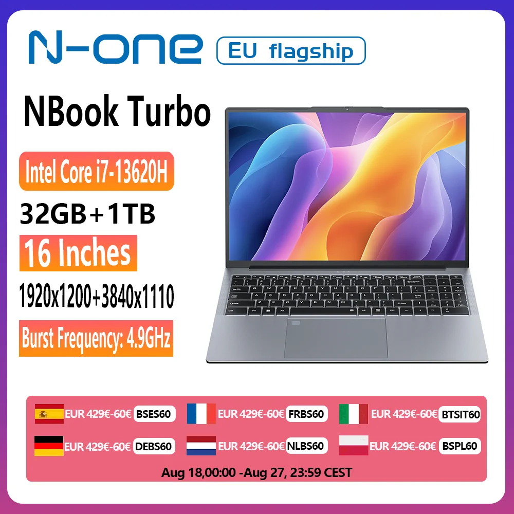 N-one NBook Turbo Intel i7-13620H Laptop da gioco da 16 pollici 32GB + 1TB SSD Computer 1920*1200, 5000mAh, wi-fi 5,Bluetooth 4.2,10C/16T