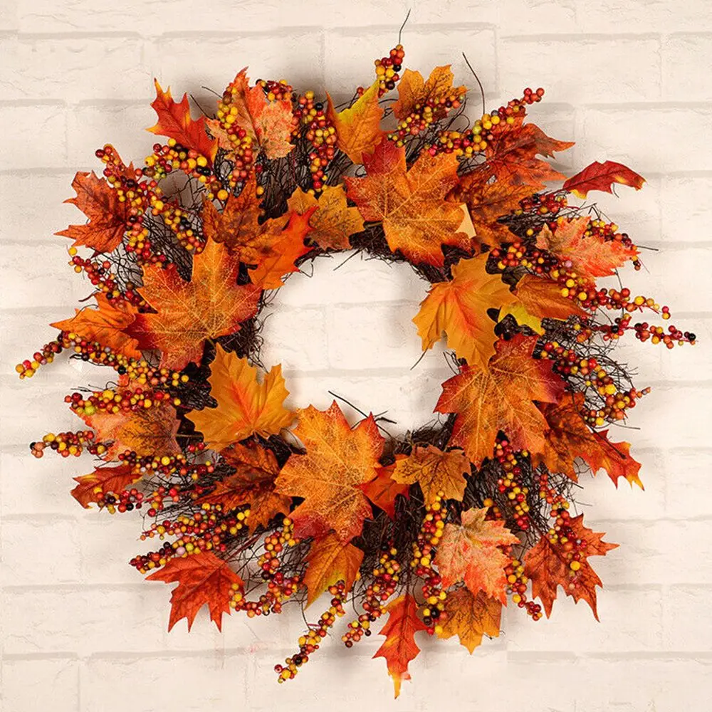 45CM Fall Door Pumpkin Wreath Autumn Color Maple Leaf Halloween Decor Garland
