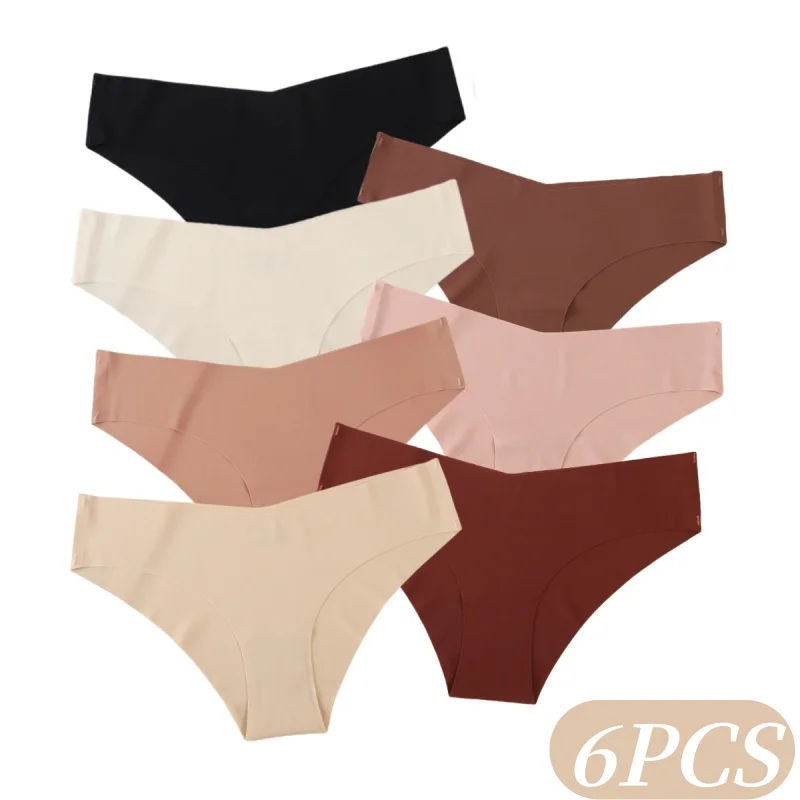 6-teiliges Set Damen Sexy V-Taille Slips Nahtlose Eisseiden-Unterhosen Damen-Unterwäsche Lingerie Niedrige Taille Unterwäsche XS-XL