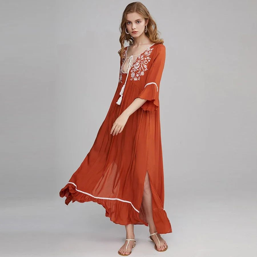 Cotton Rayon boho maxi dresses women floral embroidery vintage vestidos flare sleeve summer dress beach long tunic dresses