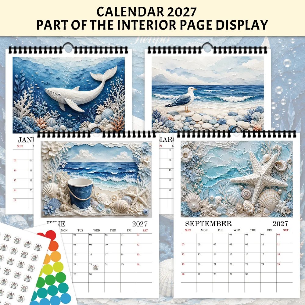 1pc 2027 Blue Ocean Whale Shell Art Wall Calendar,12-Month Monthly Planner,Perfect Gift For Back-to-School, Christmas, New Year