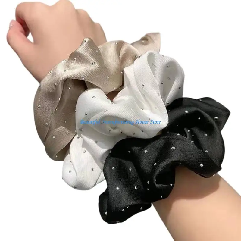 E56A 3PCS Französische Stile Rassestones Scrunchie Eleganter Pferdeschwanzhalter mit Rüschenstoff Fashion Hair Accessoires für