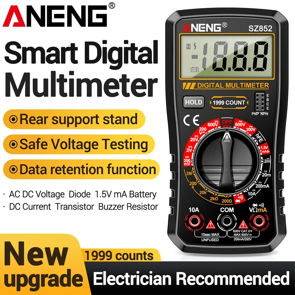 

ANENG SZ852 Professional Digital Multimeter 1999 Counts AC/DC Voltage Ammeter Buzzer 1.5V Battery Measurement Data Hold Detector