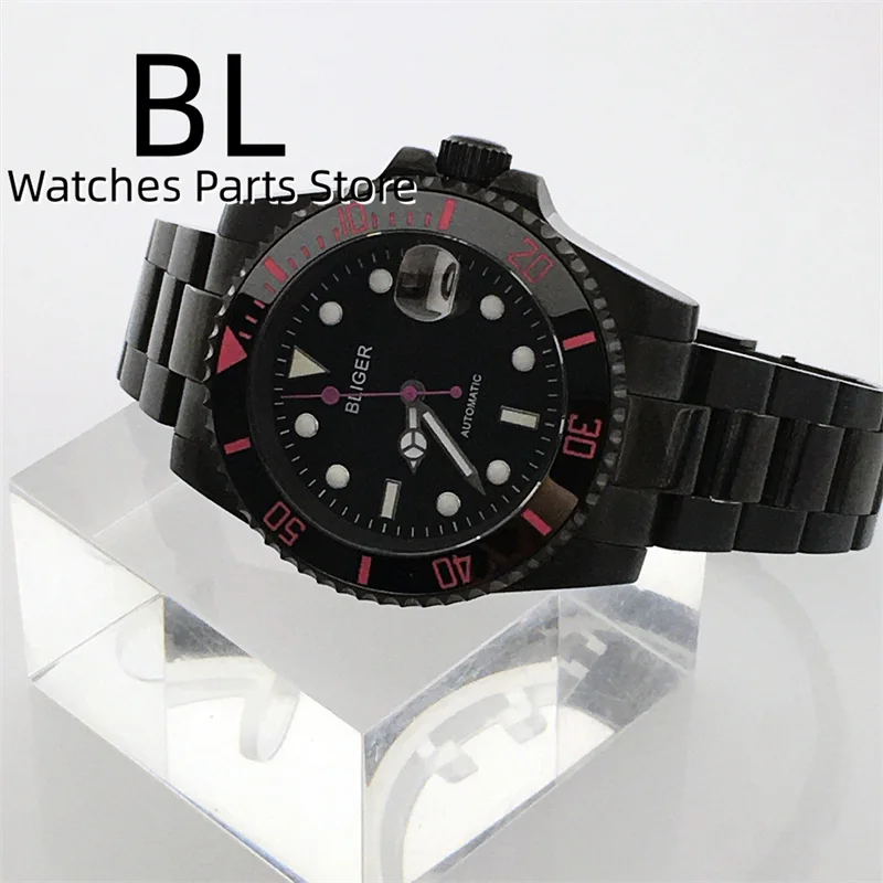 BLIGER 24 Jewels NH35A Automatic Men\'s Watch 40mm Full Black Case Sapphire Glass Black Dial Purple Pink Second Hands Waterproof