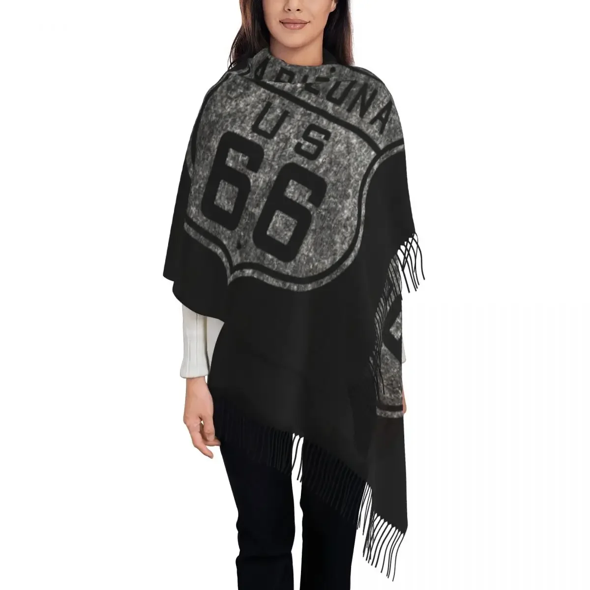 Fashion Vintage Route 66 Sign Tassel Scarf Women Winter Fall Warm Shawls Wraps Ladies America Highway Scarves